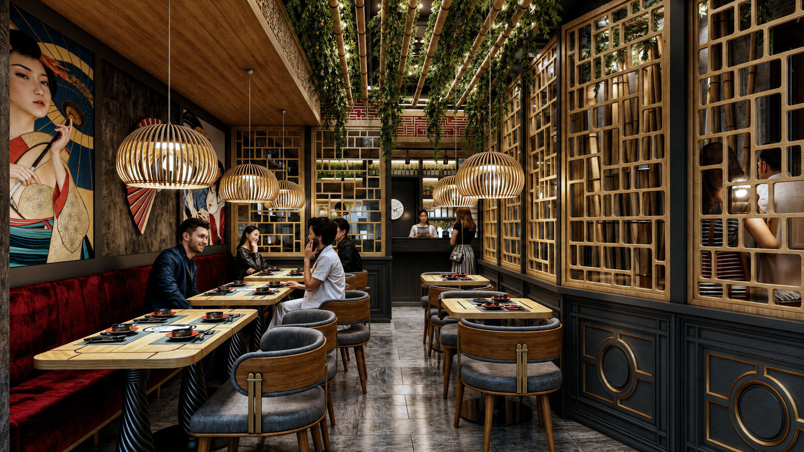 Sıcak aydınlatmalı çağdaş restoran iç mekânı